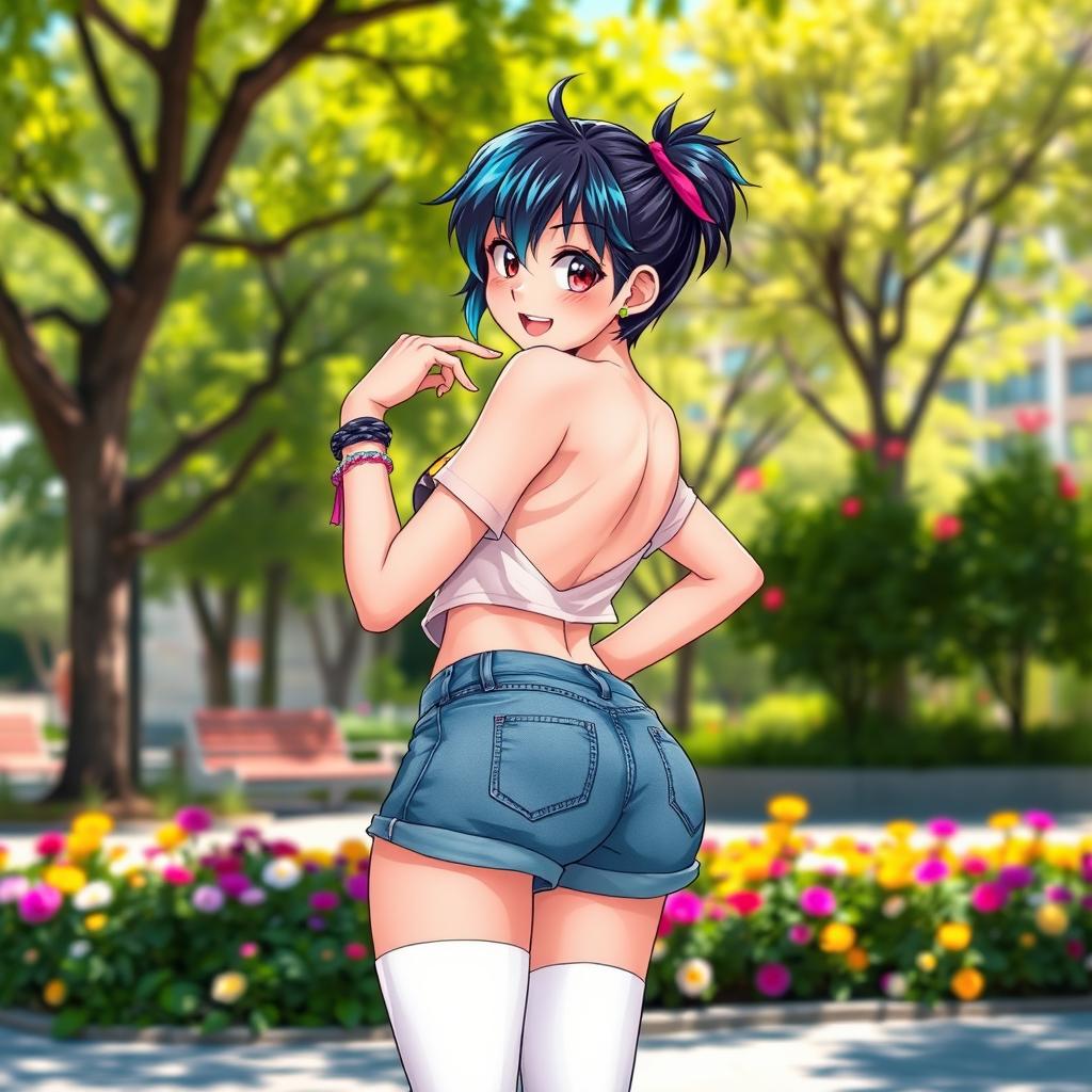 A cute and sexy tomboy character with a playful demeanor, wearing short socks that accentuate her youthful yet alluring appearance