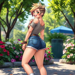 A cute and sexy tomboy character with a confident and playful attitude, wearing short socks that emphasize her attractive legs