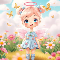 A beautiful and cute girl with an angelic appearance, adorned in a playful, colorful outfit featuring pastel colors