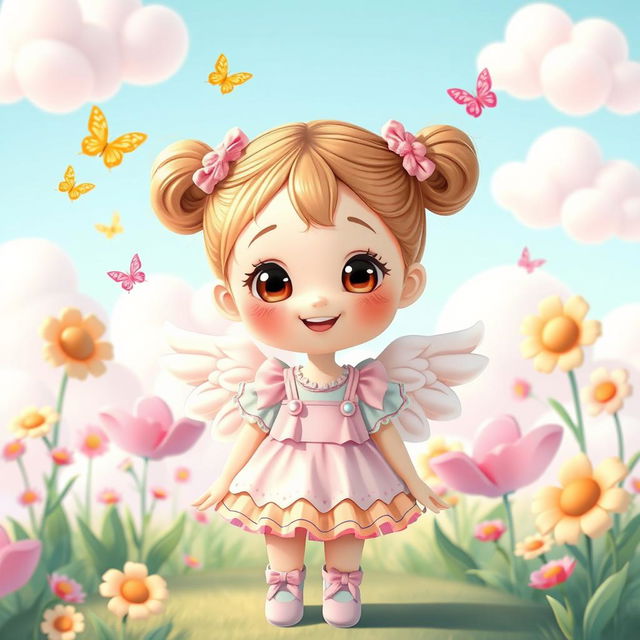 A beautiful and cute girl with an angelic appearance, adorned in a playful, colorful outfit featuring pastel colors