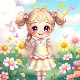 A beautiful and cute girl with an angelic appearance, adorned in a playful, colorful outfit featuring pastel colors