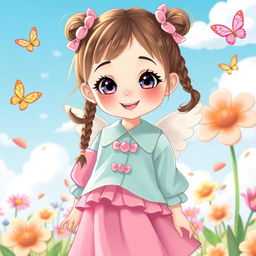 A beautiful and cute girl with an angelic appearance, adorned in a playful, colorful outfit featuring pastel colors