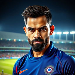 A portrait of Virat Kohli, the famous Indian cricketer, showcasing his intense gaze and sporty demeanor