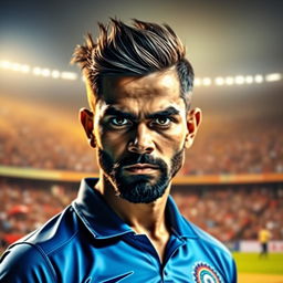 A portrait of Virat Kohli, the famous Indian cricketer, showcasing his intense gaze and sporty demeanor