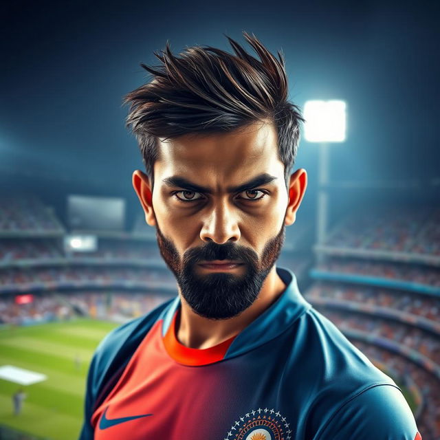 A portrait of Virat Kohli, the famous Indian cricketer, showcasing his intense gaze and sporty demeanor