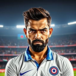 A portrait of Virat Kohli, the famous Indian cricketer, showcasing his intense gaze and sporty demeanor