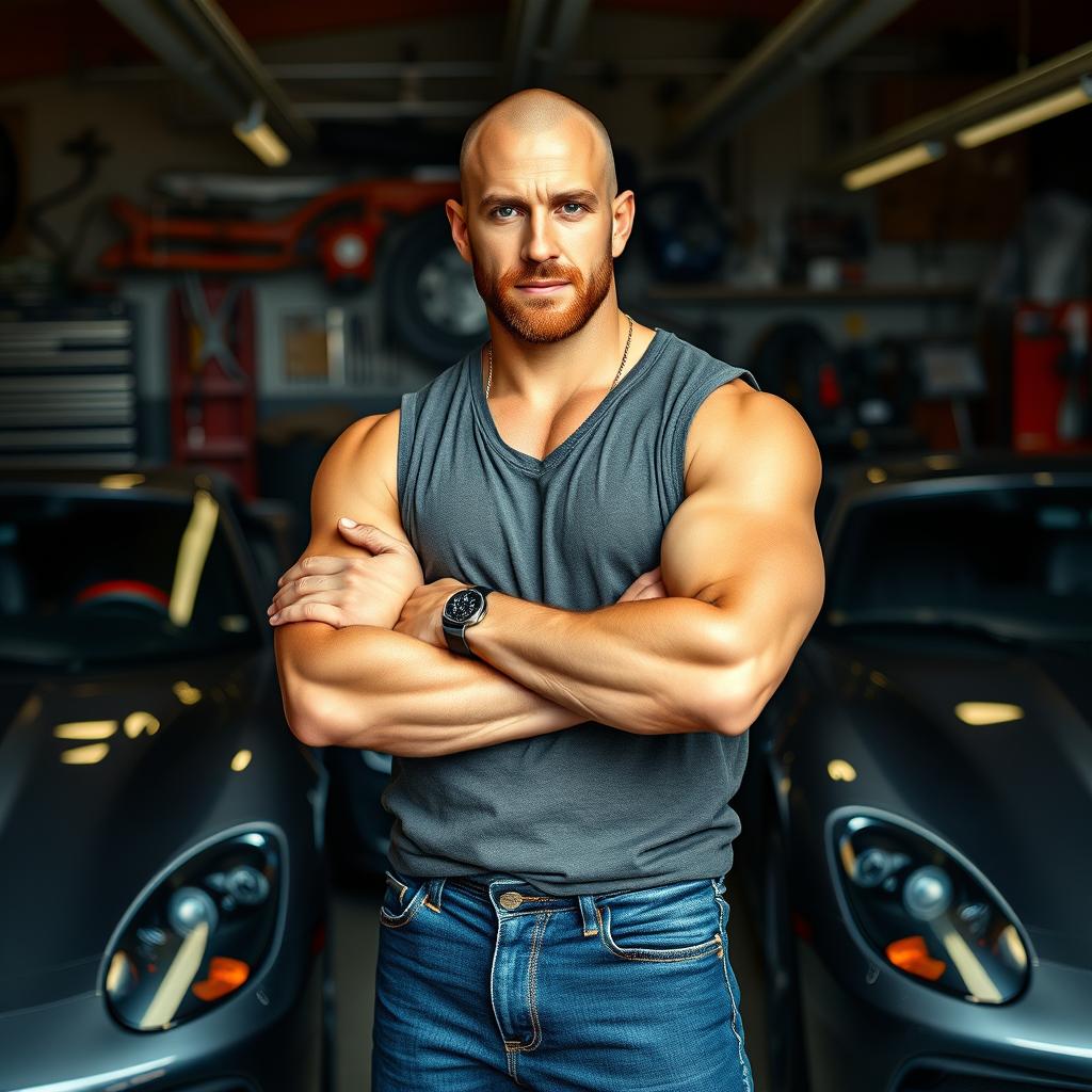 A highly detailed portrait of Dominic Toretto, a muscular and tough-looking man with a shaved head and a short beard, wearing a casual sleeveless shirt and denim jeans