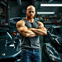 A highly detailed portrait of Dominic Toretto, a muscular and tough-looking man with a shaved head and a short beard, wearing a casual sleeveless shirt and denim jeans