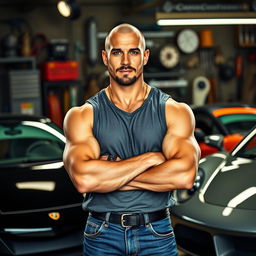 A highly detailed portrait of Dominic Toretto, a muscular and tough-looking man with a shaved head and a short beard, wearing a casual sleeveless shirt and denim jeans