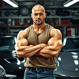 A highly detailed portrait of Dominic Toretto, a muscular and tough-looking man with a shaved head and a short beard, wearing a casual sleeveless shirt and denim jeans