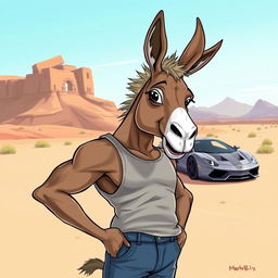 A whimsical and humorous illustration of a burro designed to resemble Dominic Toretto