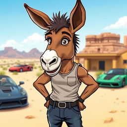 A whimsical and humorous illustration of a burro designed to resemble Dominic Toretto