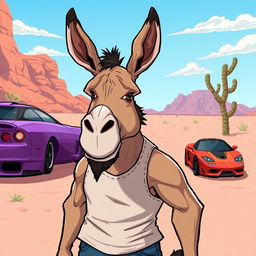 A whimsical and humorous illustration of a burro designed to resemble Dominic Toretto