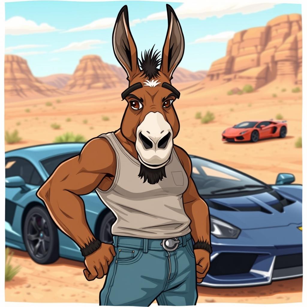 A whimsical and humorous illustration of a burro designed to resemble Dominic Toretto