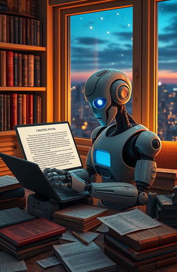 A futuristic scene of a robot enthusiastically typing on a laptop, surrounded by piles of books and papers filled with notes about detective stories and plot twists
