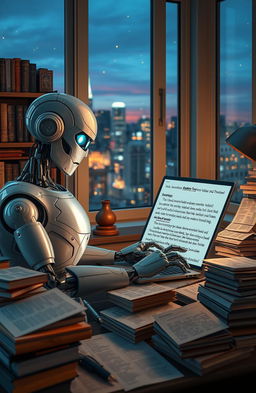 A futuristic scene of a robot enthusiastically typing on a laptop, surrounded by piles of books and papers filled with notes about detective stories and plot twists