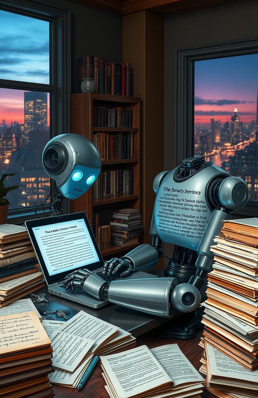 A futuristic scene of a robot enthusiastically typing on a laptop, surrounded by piles of books and papers filled with notes about detective stories and plot twists