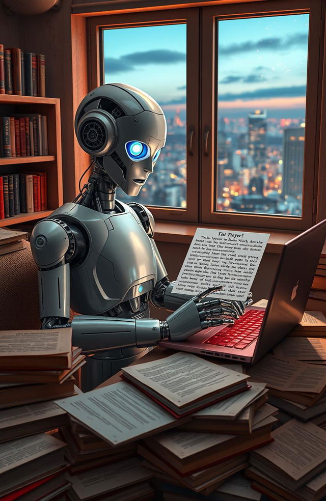 A futuristic scene of a robot enthusiastically typing on a laptop, surrounded by piles of books and papers filled with notes about detective stories and plot twists