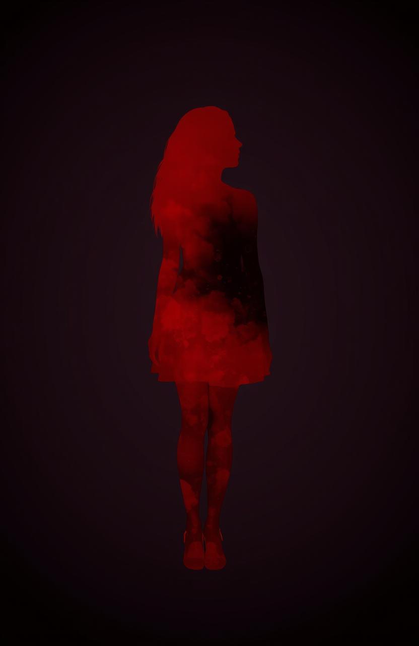 A silhouette of a red girl, her inner form reveals a dark world representing the state of her soul