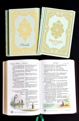 A beautifully designed devotional book inspired by the Book of Proverbs, featuring ornate covers with intricate patterns and gold leaf accents
