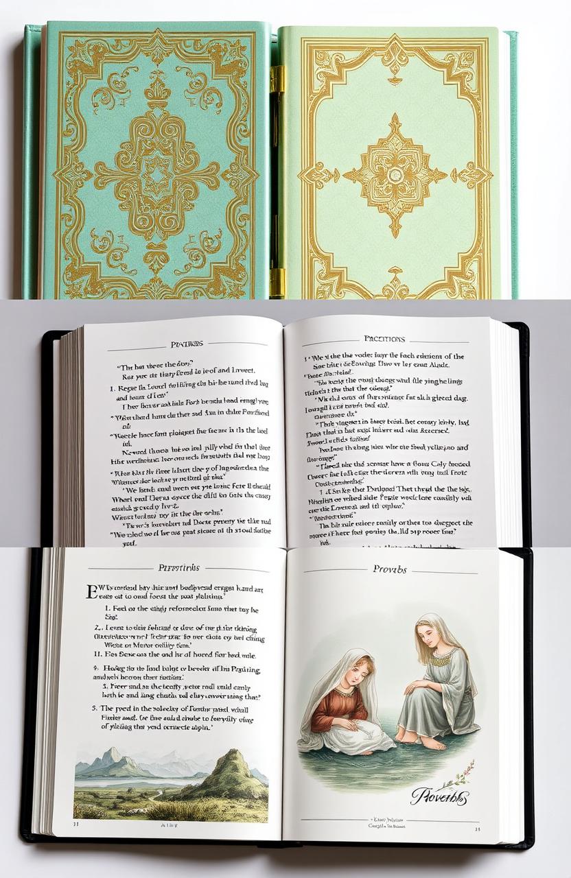 A beautifully designed devotional book inspired by the Book of Proverbs, featuring ornate covers with intricate patterns and gold leaf accents