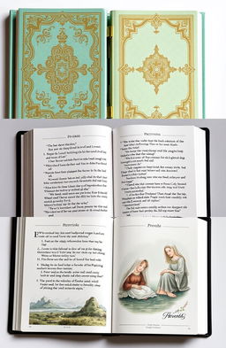 A beautifully designed devotional book inspired by the Book of Proverbs, featuring ornate covers with intricate patterns and gold leaf accents