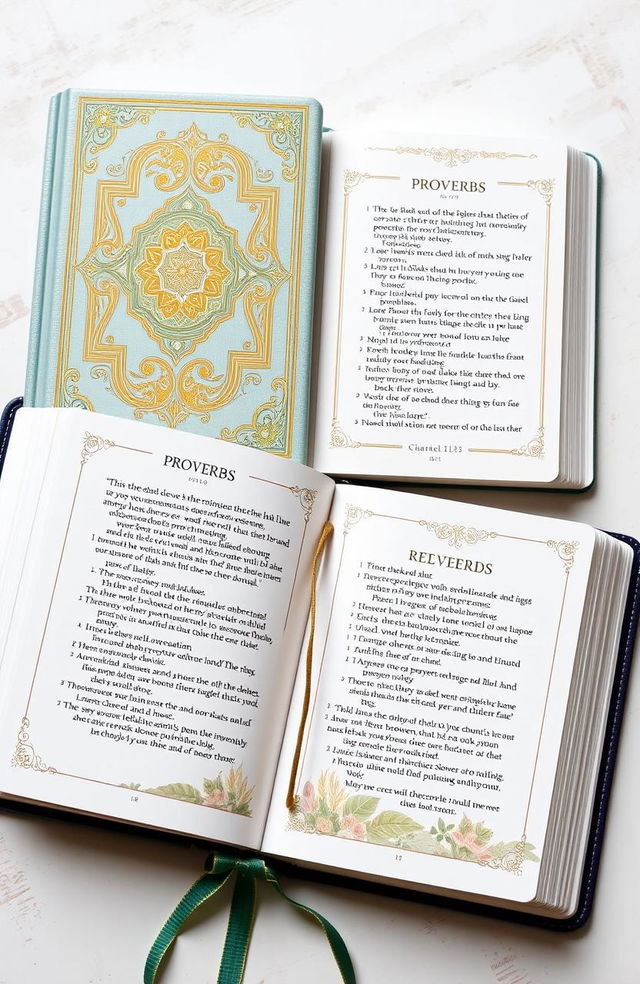 A beautifully designed devotional book inspired by the Book of Proverbs, featuring ornate covers with intricate patterns and gold leaf accents