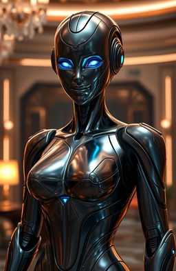 A proud and sexy AI inspired by the Mass Effect universe, presented with an alluring and confident posture