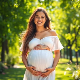 A serene and beautiful pregnant woman standing in a sunlit park, her hands gently cradling her belly