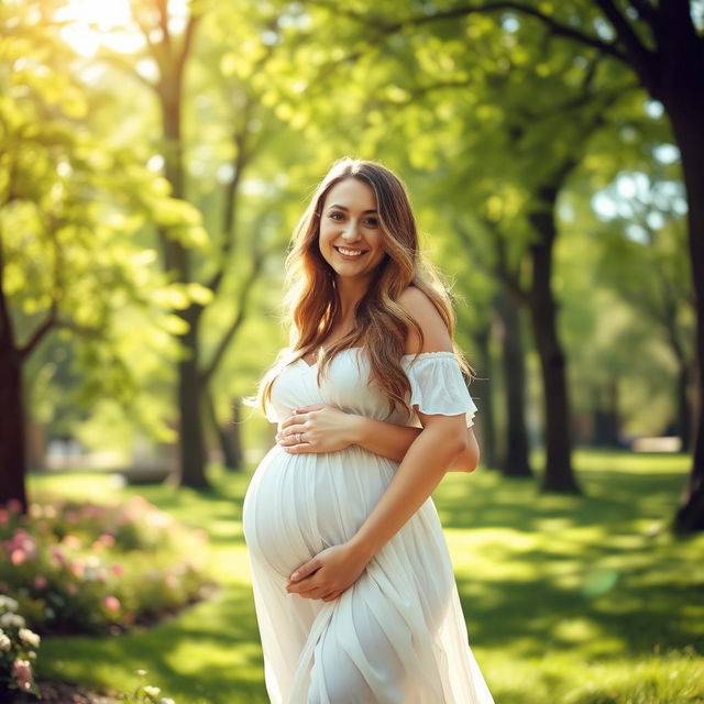 A serene and beautiful pregnant woman standing in a sunlit park, her hands gently cradling her belly