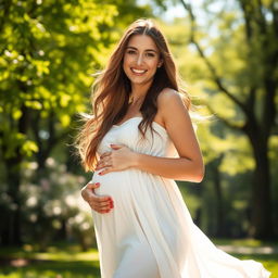 A serene and beautiful pregnant woman standing in a sunlit park, her hands gently cradling her belly