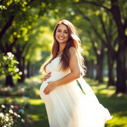 A serene and beautiful pregnant woman standing in a sunlit park, her hands gently cradling her belly