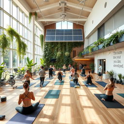 A beautifully designed eco-gym featuring modern sustainable architecture, incorporating elements such as solar panels, green walls with plants, and large windows allowing natural light to flood in