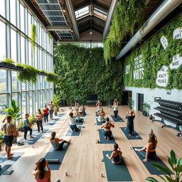 A beautifully designed eco-gym featuring modern sustainable architecture, incorporating elements such as solar panels, green walls with plants, and large windows allowing natural light to flood in