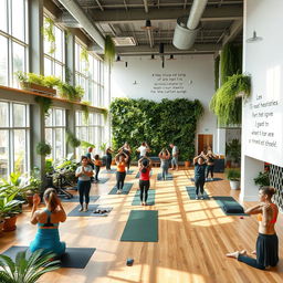 A beautifully designed eco-gym featuring modern sustainable architecture, incorporating elements such as solar panels, green walls with plants, and large windows allowing natural light to flood in