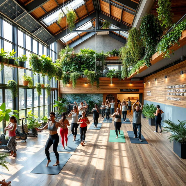 A beautifully designed eco-gym featuring modern sustainable architecture, incorporating elements such as solar panels, green walls with plants, and large windows allowing natural light to flood in