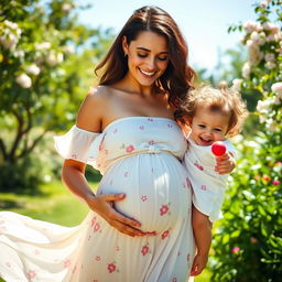 A serene, touching scene of a pregnant woman lovingly holding her two-year-old daughter in a lush, green park