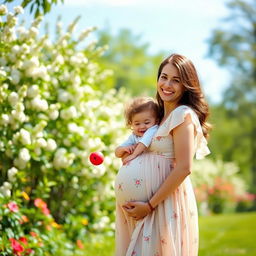 A serene, touching scene of a pregnant woman lovingly holding her two-year-old daughter in a lush, green park