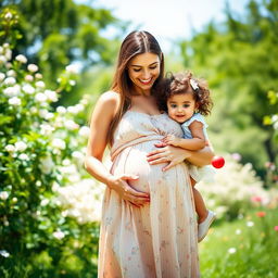 A serene, touching scene of a pregnant woman lovingly holding her two-year-old daughter in a lush, green park