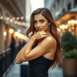 A beautiful woman with alluring features, confidence radiating from her as she poses gracefully