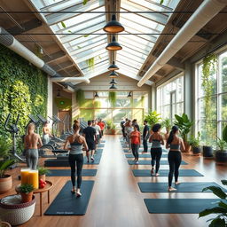 A vibrant eco-gym showcasing innovative sustainable design, featuring elements like a living green wall, energy-efficient lighting, and large skylights that fill the space with natural sunlight