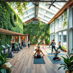 A vibrant eco-gym showcasing innovative sustainable design, featuring elements like a living green wall, energy-efficient lighting, and large skylights that fill the space with natural sunlight