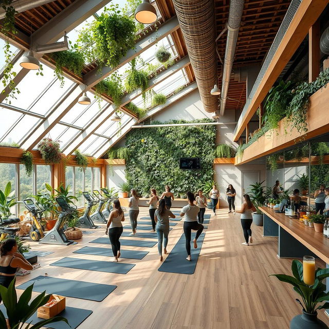 A vibrant eco-gym showcasing innovative sustainable design, featuring elements like a living green wall, energy-efficient lighting, and large skylights that fill the space with natural sunlight