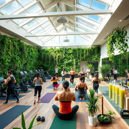 A vibrant eco-gym showcasing innovative sustainable design, featuring elements like a living green wall, energy-efficient lighting, and large skylights that fill the space with natural sunlight