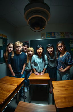 A scene from the perspective of a CCTV camera positioned in the corner of a dimly lit classroom