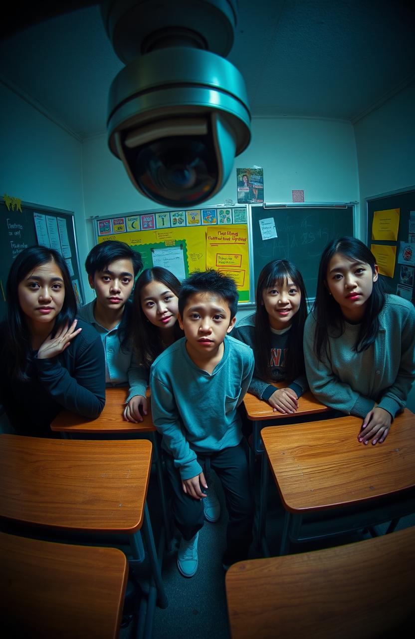 A scene from the perspective of a CCTV camera positioned in the corner of a dimly lit classroom