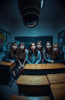A scene from the perspective of a CCTV camera positioned in the corner of a dimly lit classroom