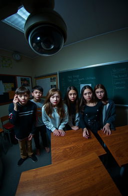 A scene from the perspective of a CCTV camera positioned in the corner of a dimly lit classroom
