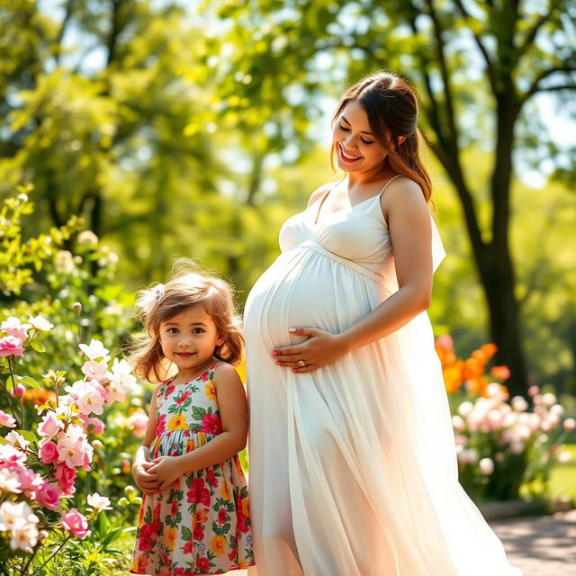 A joyful scene of a pregnant woman gently cradling her baby bump, standing in a sunny park with a three-year-old girl next to her