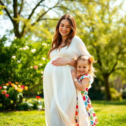 A joyful scene of a pregnant woman gently cradling her baby bump, standing in a sunny park with a three-year-old girl next to her